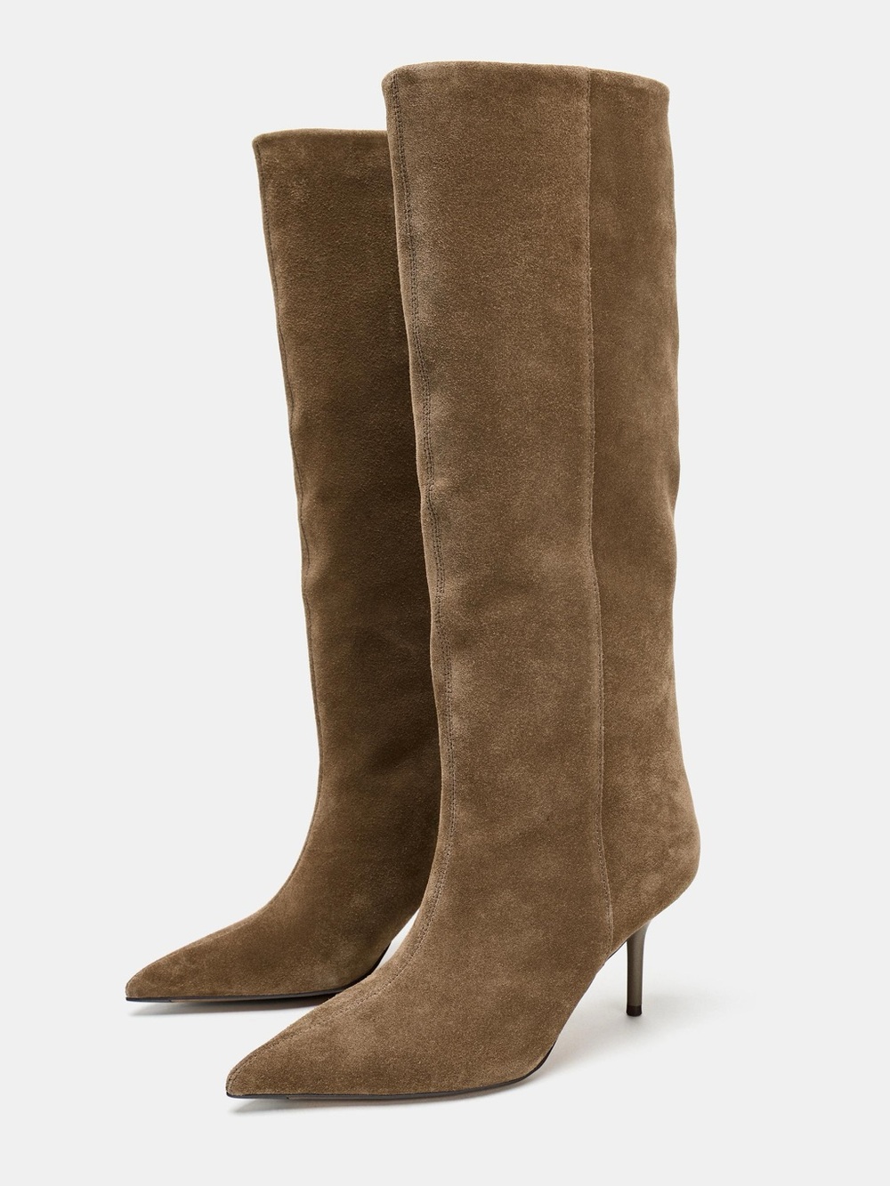 ZARA Genuine Suede Leather Knee High Stiletto Boots Taupe Brown EU 38 NWT